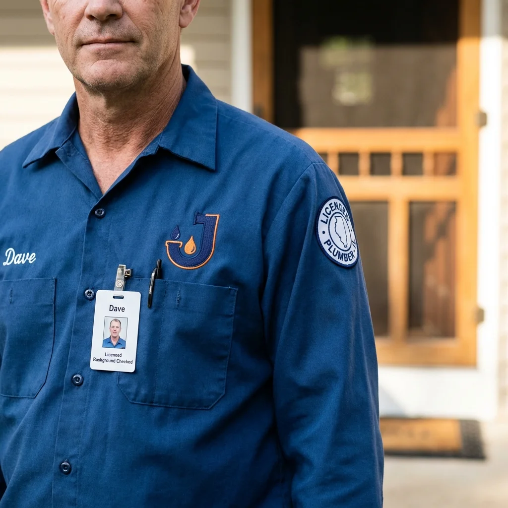 Licensed plumber showing ID badge in Andalusia, AL