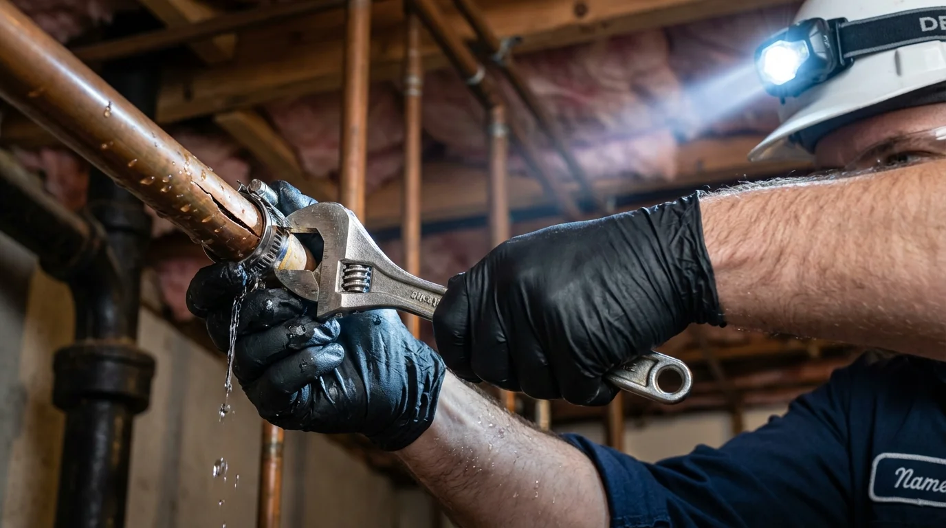 Emergency pipe clamp repair being performed by a Johns Plumbing LLC plumber in Andalusia