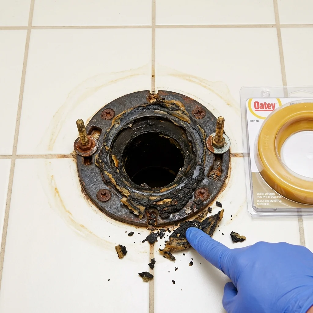Failed wax ring showing water seepage at the base of a toilet in a Andalusia, AL home