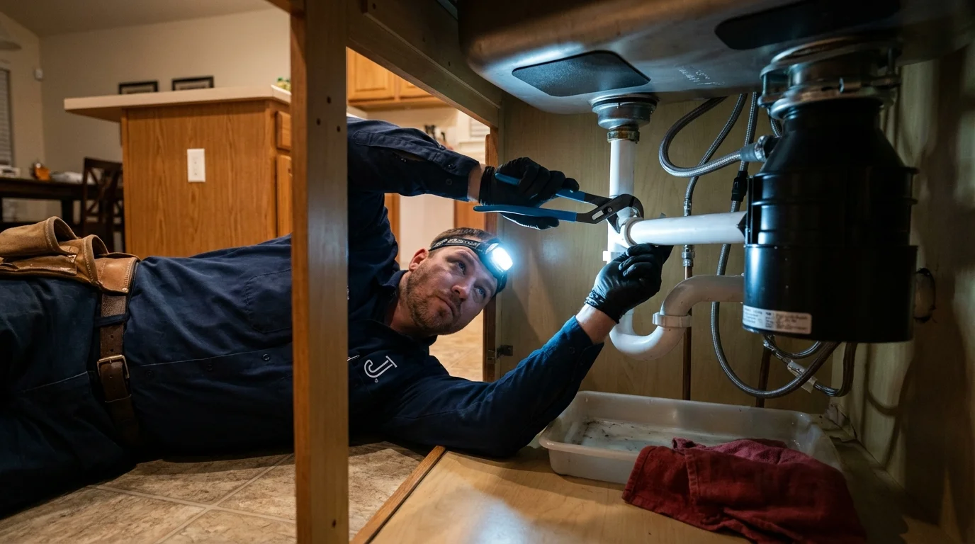 P-trap and supply line connections under a kitchen sink showing a common leak point in Andalusia, AL